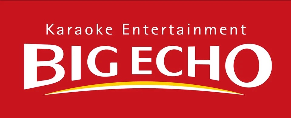 BIG ECHO logo in bold white text with Karaoke Entertainment above and a yellow and white curved underline on a red background