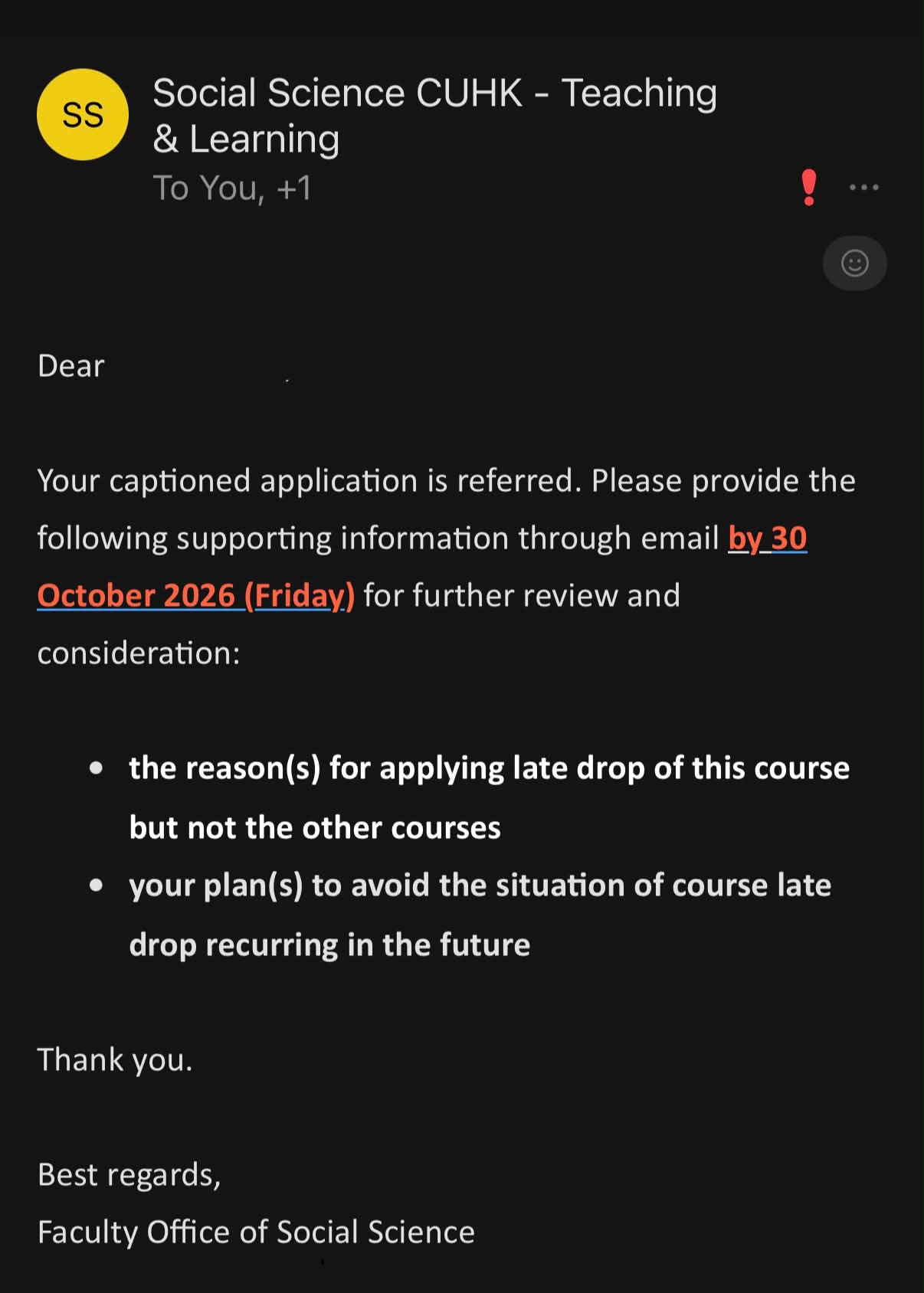 Screenshot of Email sent by Social Science CUHK - Teaching & Learning
