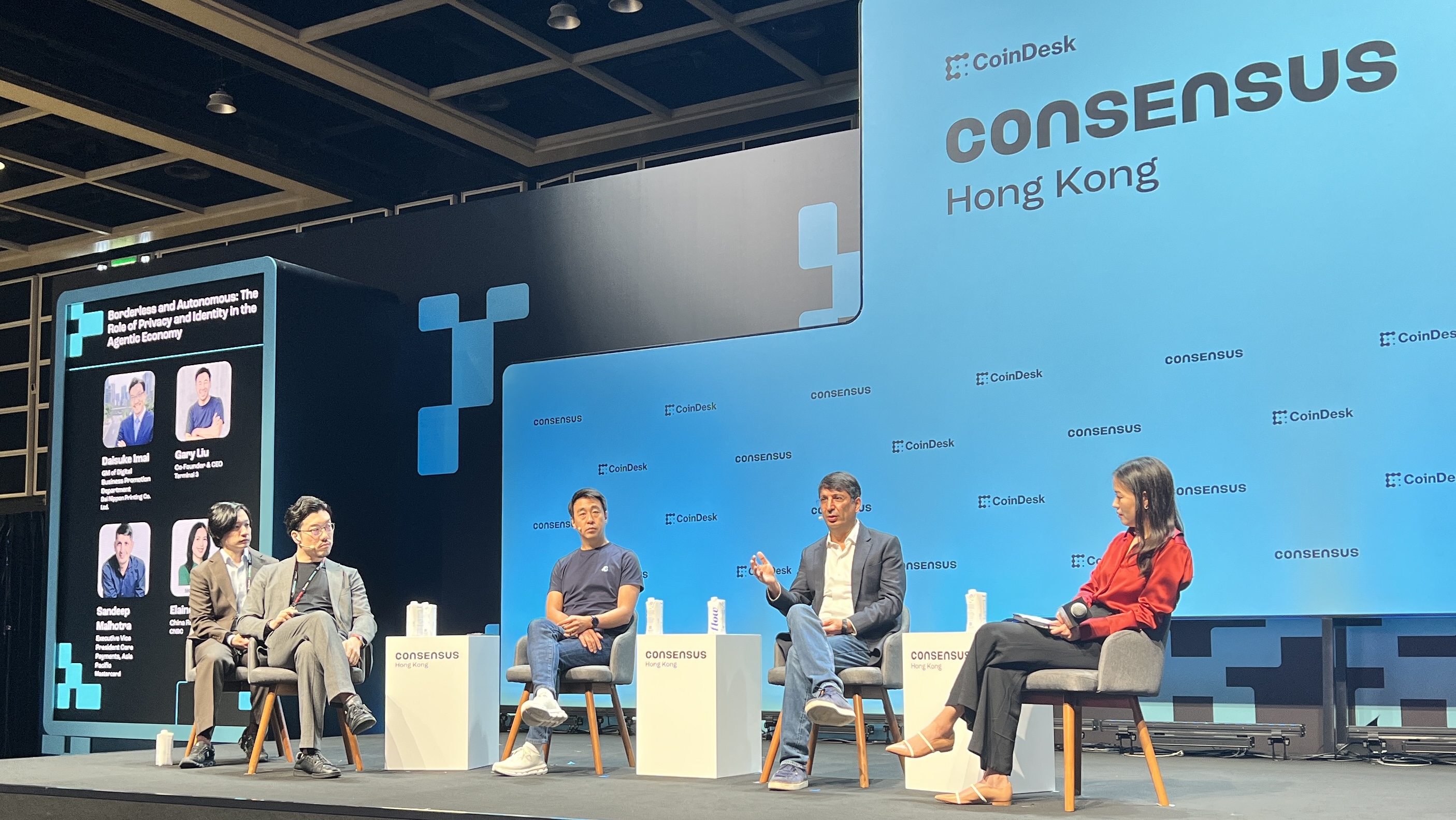 (From left) Daisuke Imai, GM at Dai Nippon Printing; Gary Liu, CEO of Terminal 3; Sandeep Malhotra, EVP at Mastercard; and moderator Elaine Yu, China Reporter for CNBC.