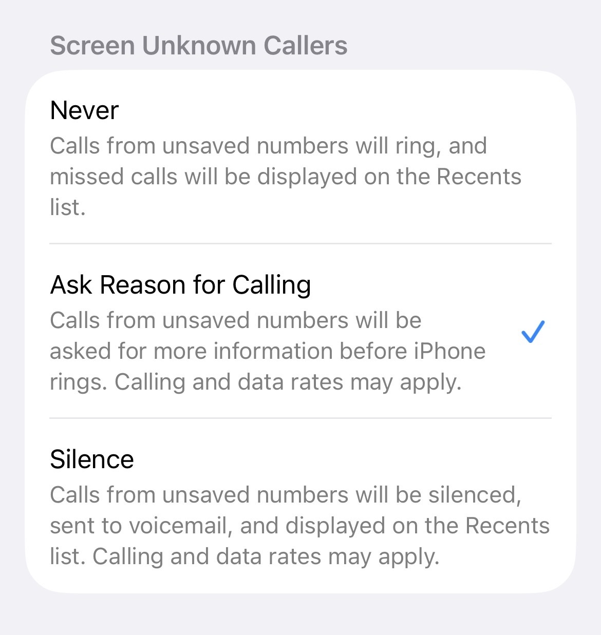 Options of Call Screening.