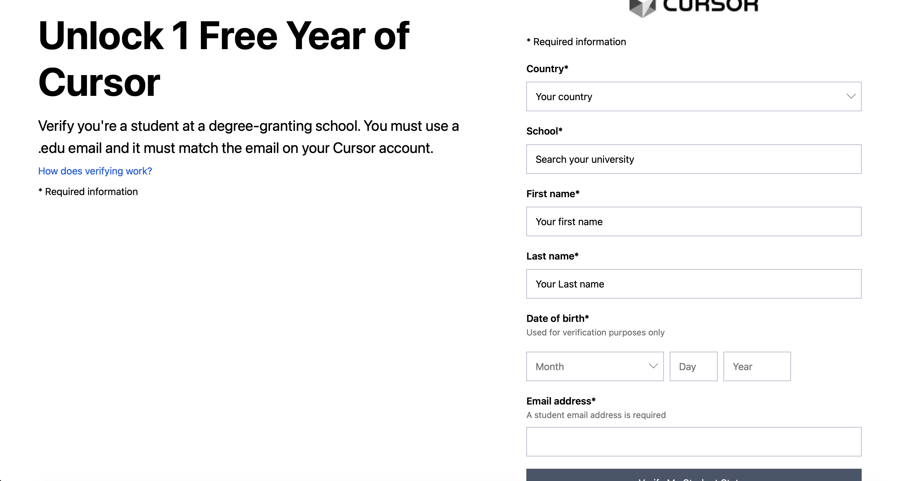 The SheerID Form for verifying your student to claim your 1 free year of Cursor Pro