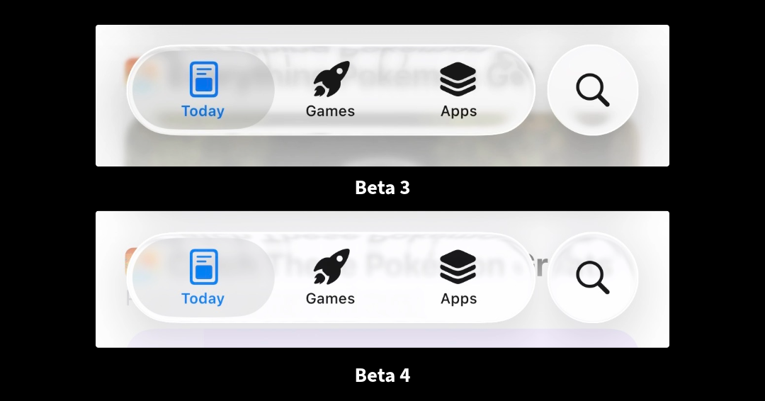 Comparison of Liquid Glass effect between iOS 26 Beta 3 and iOS Beta 4.