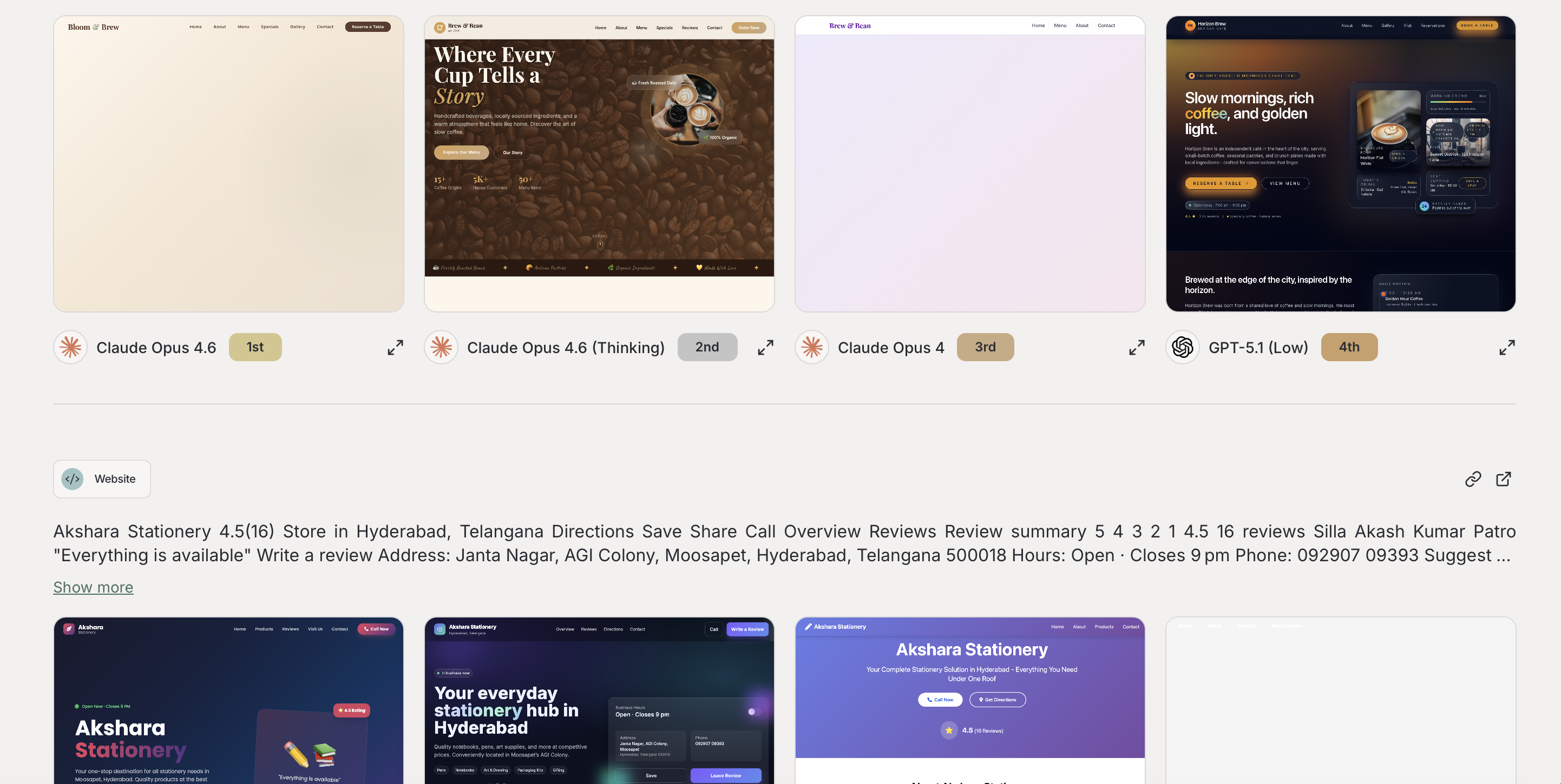 Website designs generated by 1st AI model on [designarena.ai](http://designarena.ai).